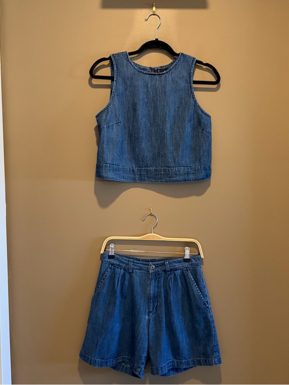 MNG Denim Cropped Tank Top and High-Waist Shorts Set Small